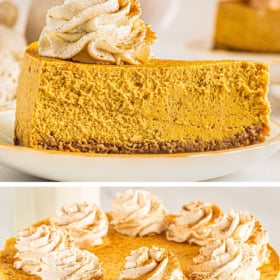 A slice of pumpkin cheesecake and a whole pumpkin cheesecake on a cake stand.