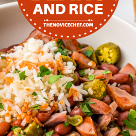 Ham, beans, rice, okra and more in a white bowl with parsley on top.