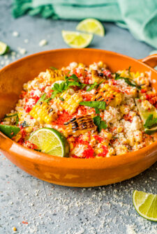 A large bowl of elote corn salad.