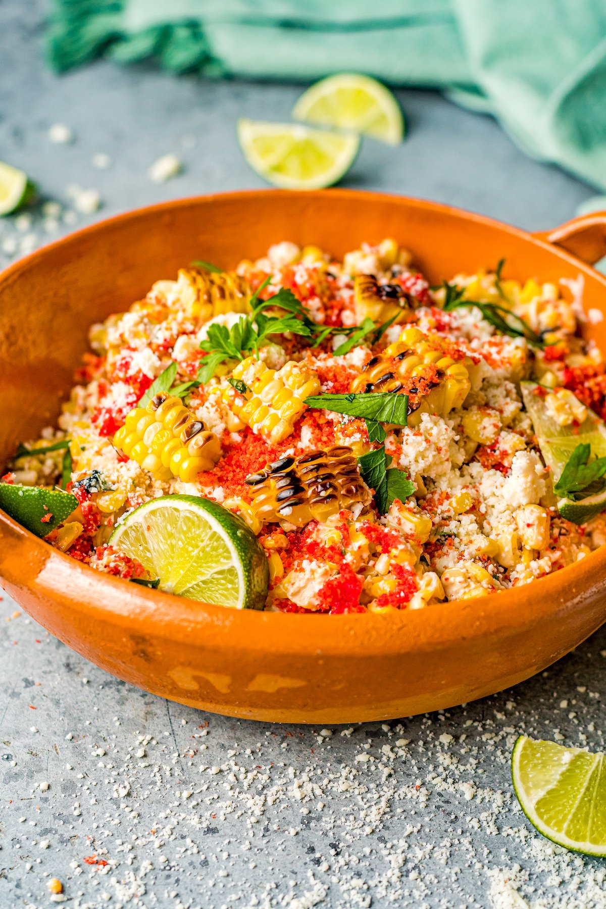 A large bowl of elote corn salad.