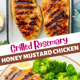 Marinated and grilled chicken breasts in a tray and sliced grilled chicken with broccoli.