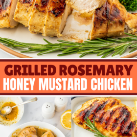 A slice of chicken, chicken breasts being marinated, and grilled chicken with rosemary.