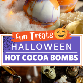 Hot cocoa bombs for halloween on a platter, in a cup with hot milk being poured on top and on a platter with skeleton hands.
