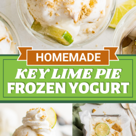 A bowl of frozen yogurt with whip cream on top and key lime pie frozen yogurt in a pan.