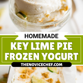 A bowl of key lime pie frozen yogurt and key lime pie frozen yogurt in a container.