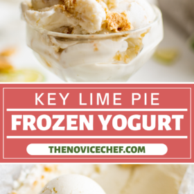 A bowl of key lime pie frozen yogurt with whip cream on top and a ice cream scoop getting a serving of frozen yogurt.