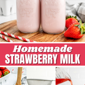 Two glasses of strawberry milk on a cutting board, a pan with strawberry syrup simmering, strawberry syrup being strained and strawberry syrup being poured into a glass of milk.
