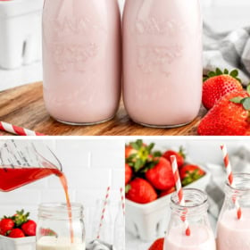 Two glasses of strawberry milk and strawberry syrup being poured into milk.