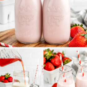 Two glasses of strawberry milk and strawberry syrup being poured into milk.