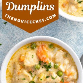 Two bowls of chicken and dumplings made in the instant pot with spoons.
