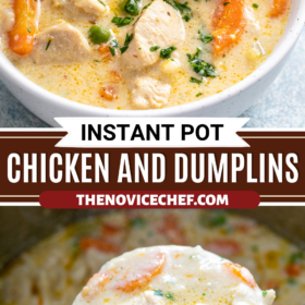 A bowl of chicken and dumplings and a ladle scooping up a serving from an instant pot.