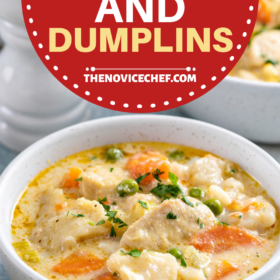 A bowl of instant pot chicken and dumplings with two spoons on the side.