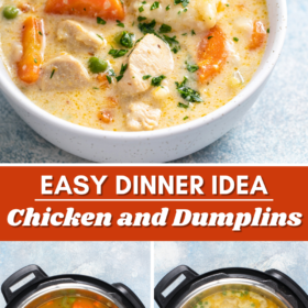 A bowl of chicken and dumplings with two spoons and soup being cooked in an instant pot.