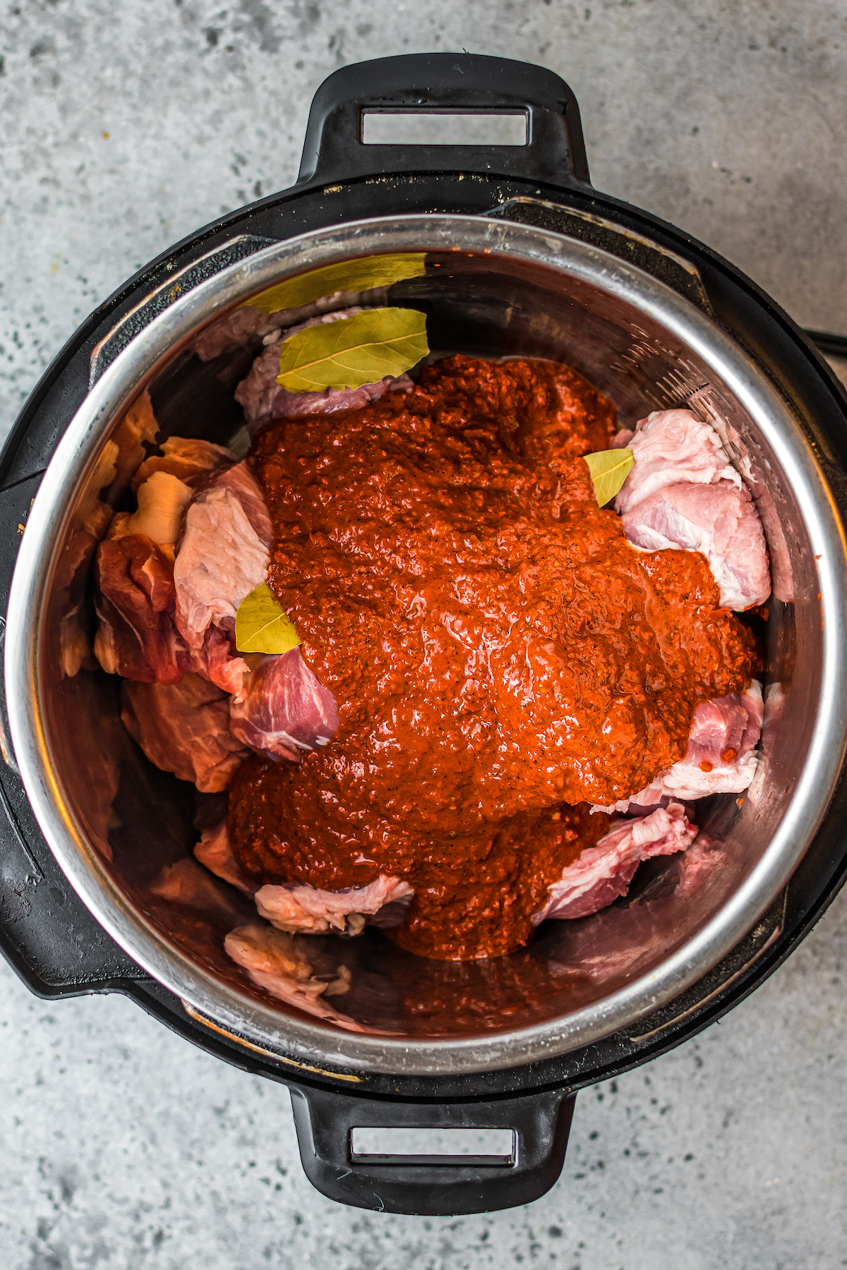 Pork and red pepper sauce about to be cooked in an Instant Pot
