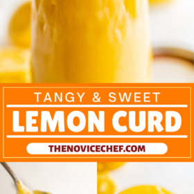 Lemon curd in a mason jar, on a spoon and in a glass bowl with a spoon.