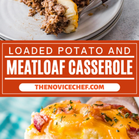 A fork cutting a bite of casserole and a slice of casserole being pulled out of the meatloaf casserole pan.