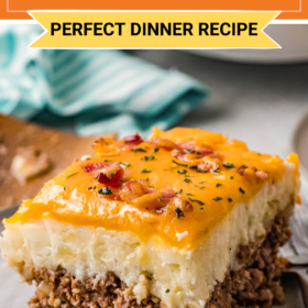 A slice of mashed potato and meatloaf casserole on a plate.