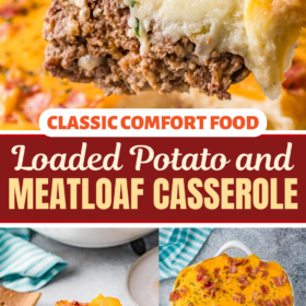 A wooden spoon scooping up a serving of meatloaf casserole, a slice of meatloaf casserole on a plate with a fork taking a bite and casserole with cheese and bacon on top.