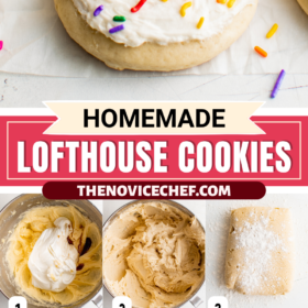A lofthouse sugar cookie with frosting and sprinkles and images of the cookies being made, rolled out and baked.