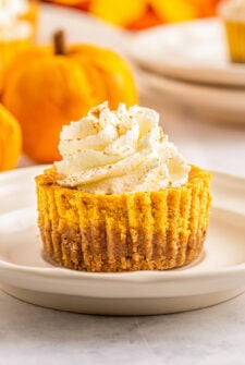 a mini pumpkin cheesecake the size of a cupcake with whipped cream on top