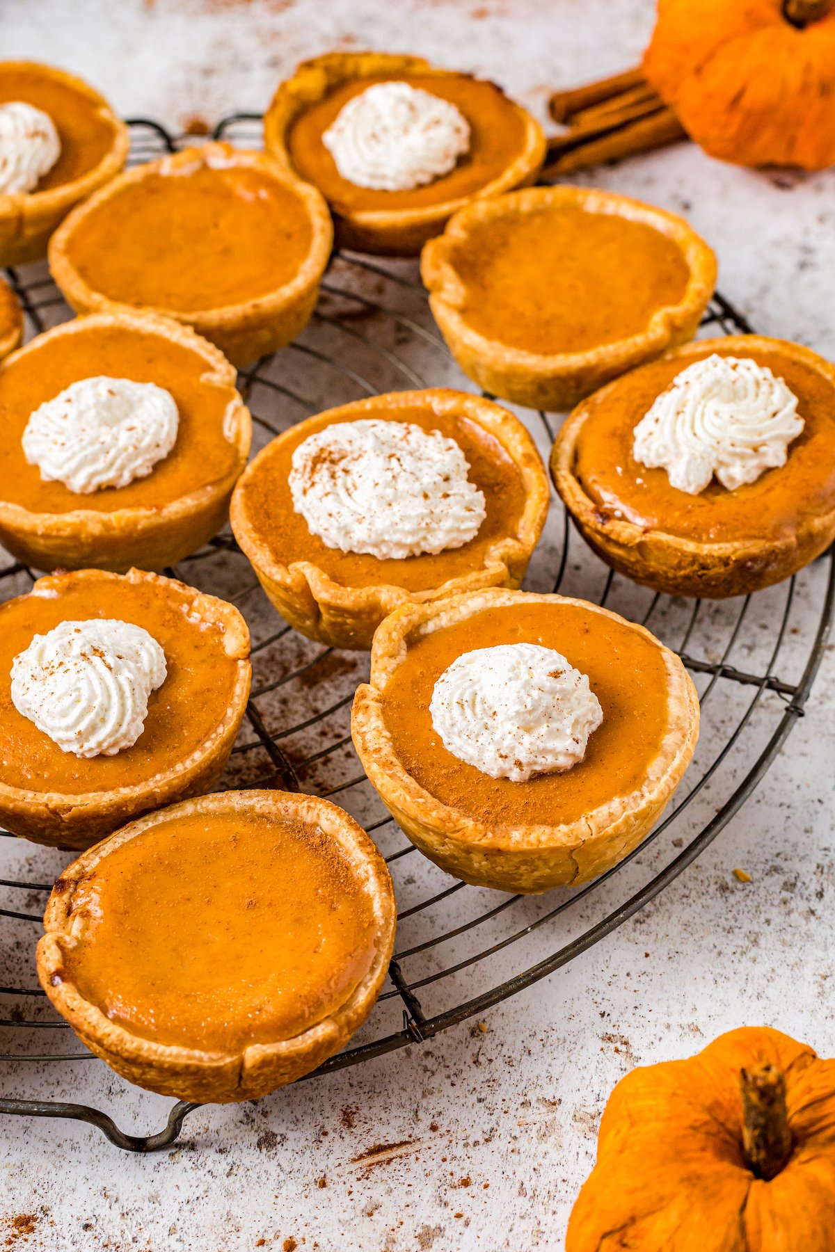 a round platter with a large assortment of miniature pumpkin pies