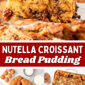 A slice of nutella bread pudding being lifted out of the baking dish with a spatula.