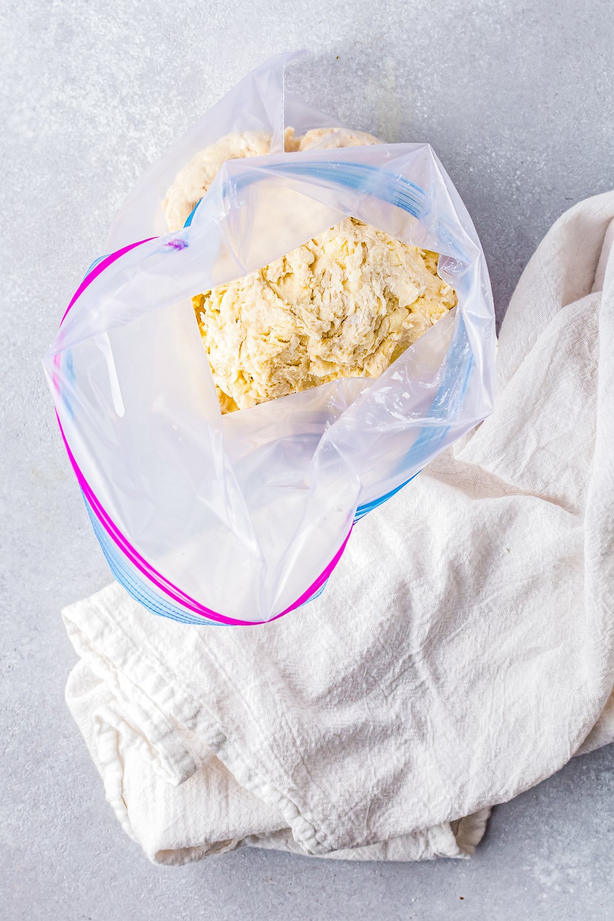 pastry dough in a ziplock bag being viewed from the top of the bag