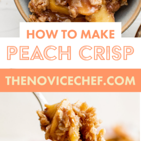 A spoon scooping up a bite of peach crisp.