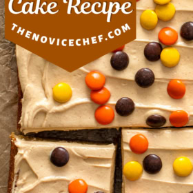 A peanut butter cake with peanut butter icing and Reeces pieces candies sprinkled on top.