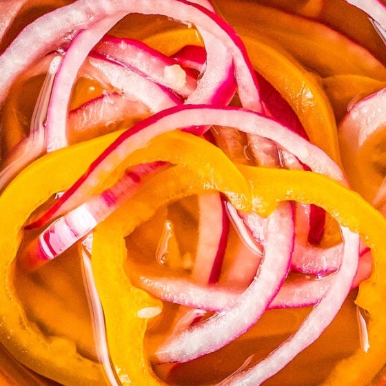 sliced red onions and habaneros