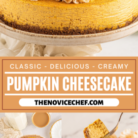 Pumpkin cheesecake on a cake stand, with whip cream on top and a slice cut on a plate with a fork taking a bite.