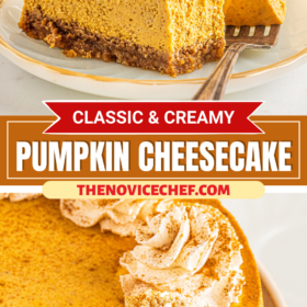 A slice of pumpkin cheesecake on a plate with a fork cutting a piece and a whole pumpkin cheesecake on a cake plate.