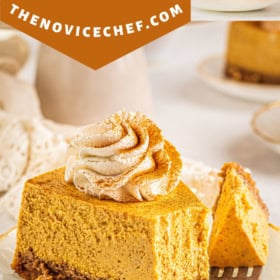 A slice of pumpkin cheesecake with a fork cutting a bite.