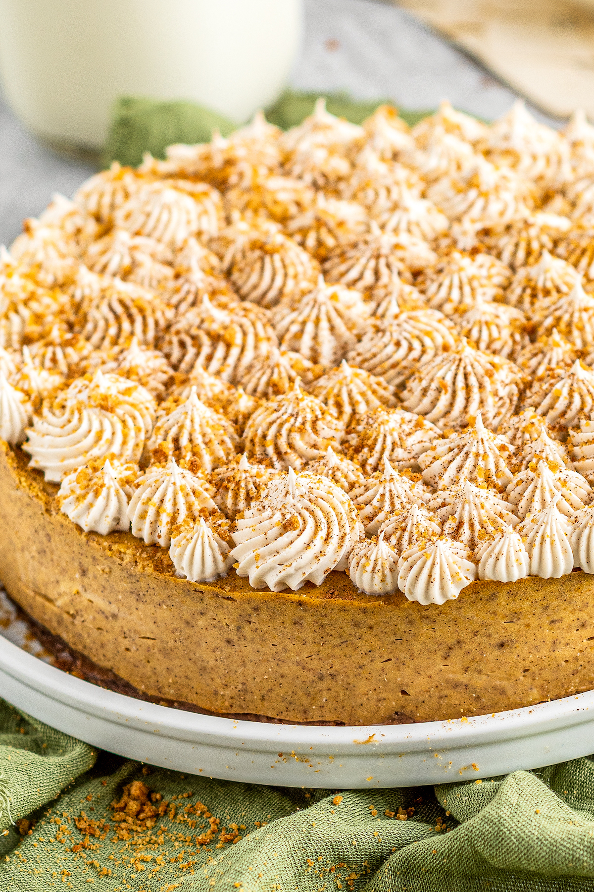 Pumpkin cheesecake with gingersnap crust, topped with frosting and a sprinkle of cinnamon.