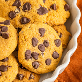 close up of a platter with pumpkin chocolate chip cookies