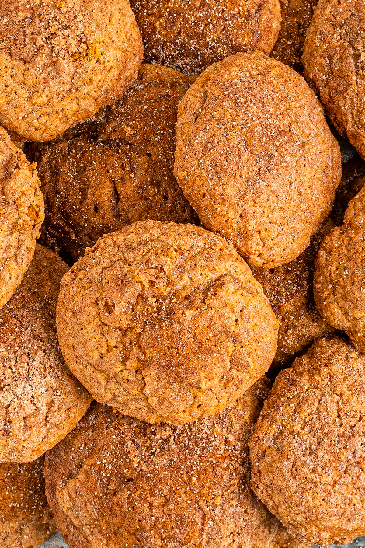 A close-up shot of a pile of pumpkin cookies encrusted in cinnamon sugar.