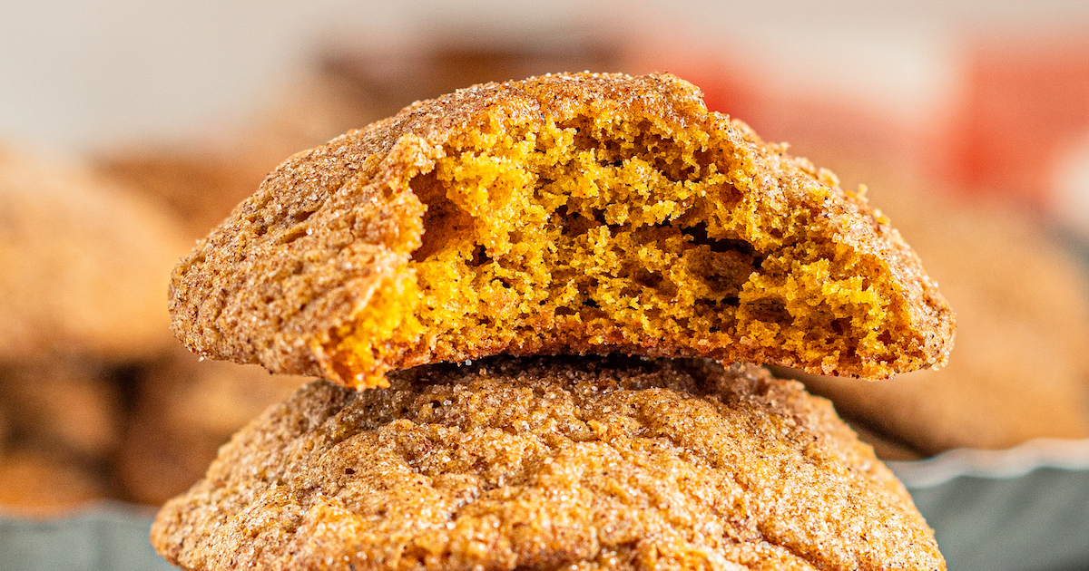 A close-up of a pumpkin cookie with a single bite missing to show the soft inside and the crunchy cinnamon sugar coating on the outside.
