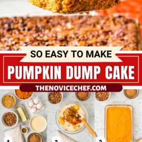 A slice of pumpkin dump cake being lifted out of a casserole dish and the cake being made in multiple steps.