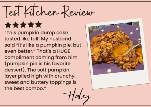 A review of pumpkin dump cake appears next to a plate with a serving of the dessert. The text praises the cake’s rich pumpkin flavor and its crunchy, buttery topping. Five stars and a signature from Haley are included.