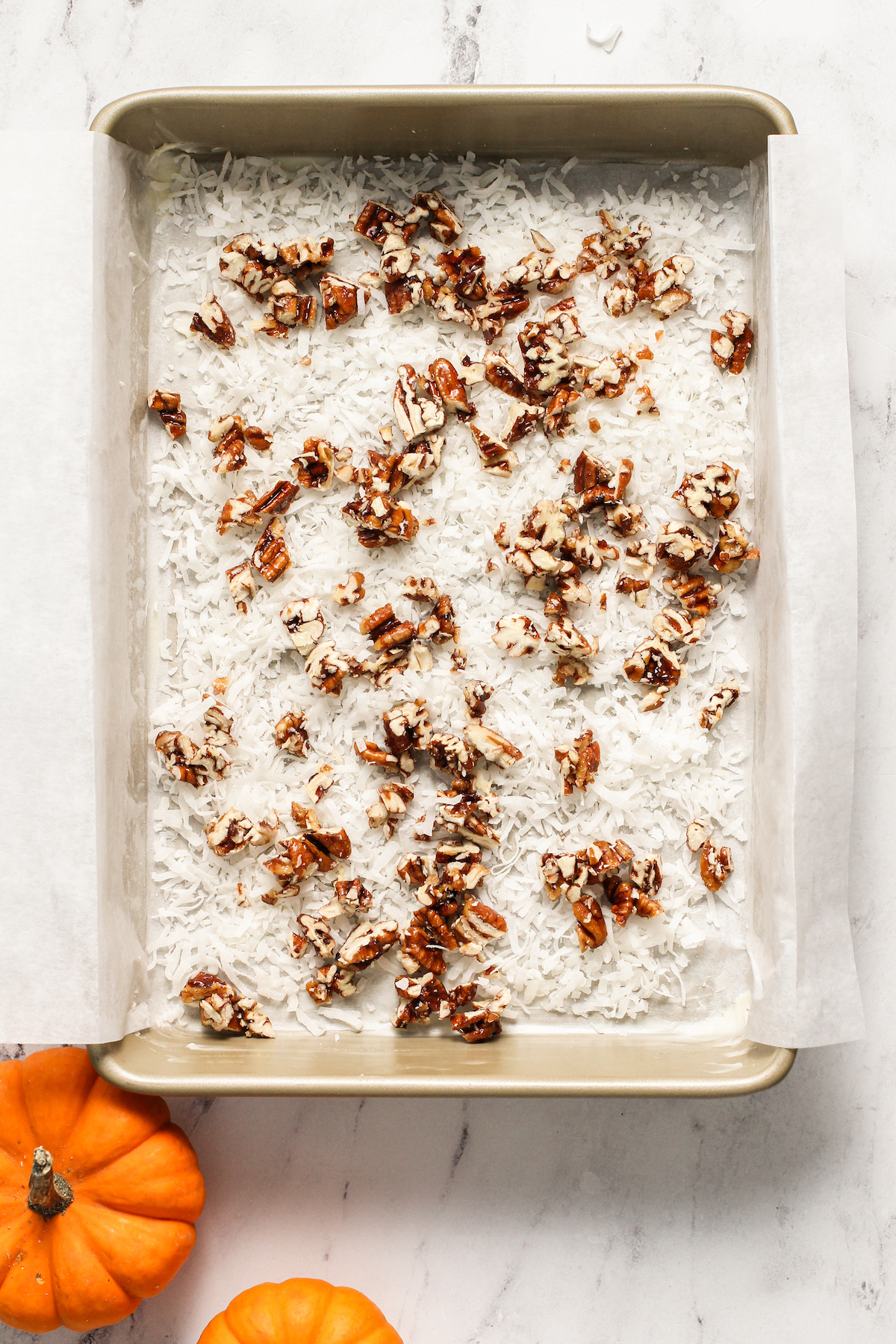 Praline pecans and coconut flakes scattered over the bottom of a cake pan.