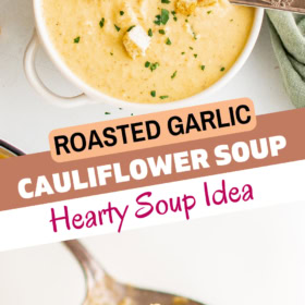 A bowl of cauliflower soup with a spoon and tea towel and a bite of cauliflower soup on a spoon.