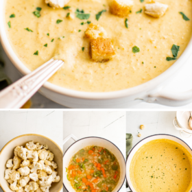 A bowl of cauliflower soup with a spoon and Cauliflower in a bowl, vegetables in broth in a dutch oven and cauliflower soup in dutch oven.