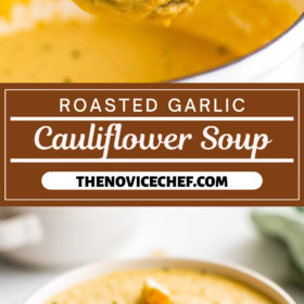 A ladle scooping up a serving of cauliflower soup and a bowl of roasted garlic cauliflower soup with parsley and croutons on top.