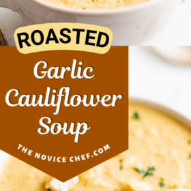 A bowl of cauliflower soup and cauliflower soup with croutons on top.
