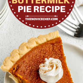 A slice of sweet potato pie with whip cream on top.