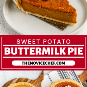 A slice of sweet potato pie being served by a pie cutter, pie before baking and pie after baking.