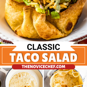 Taco salad in a tortilla in a bowl with step by step images of making the taco salad below.