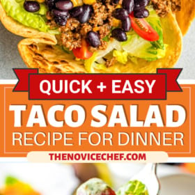 Taco salad in a tortilla bowl and a fork taking a bite with dressing on top.