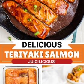 Teriyaki Salmon in a skillet and step by step photos showing it being cooked.
