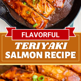 Four pieces of salmon in a teriyaki sauce in a skillet with green onions on top.